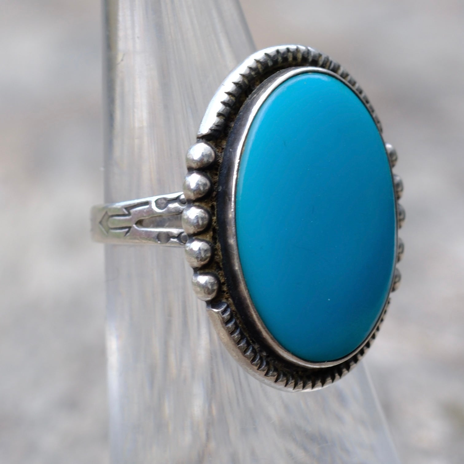 Vintage Sterling Silver Stamped Band Turquoise Roper Ring 5