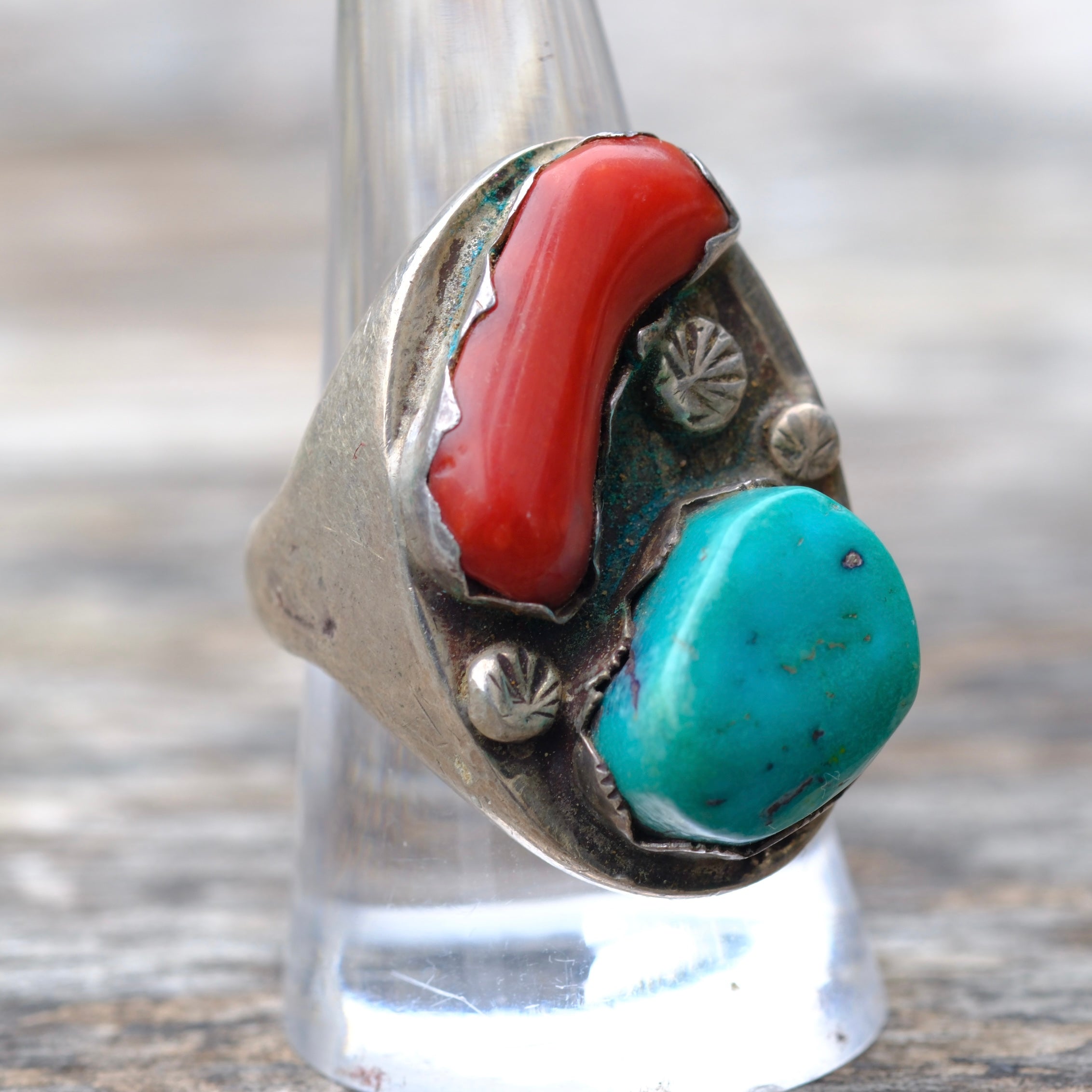 Vintage Sterling Turquoise and Coral Ring 9.5
