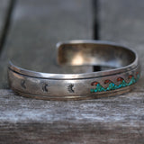 Vintage Sterling Turquoise and Coral Inlay Wave Cuff