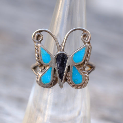 Vintage Sterling Turquoise Inlay Butterfly Ring 5.5