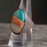 Vintage Sterling Turquoise SpIny Oyster and Mother Of Pearl Inlay Ring 8.25