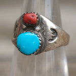 Vintage Sterling Turquoise and Coral Stamped Ring 5.5