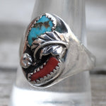 Vintage Sterling Turquoise and Coral Feather Ring 11.5