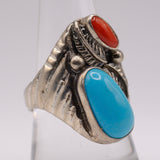 Vintage Sterling Turquoise and Coral Feather Ring 9.25