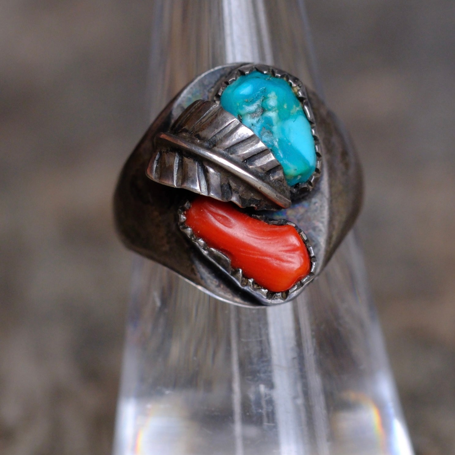 Vintage Sterling Turquoise and Coral Feather Ring 6