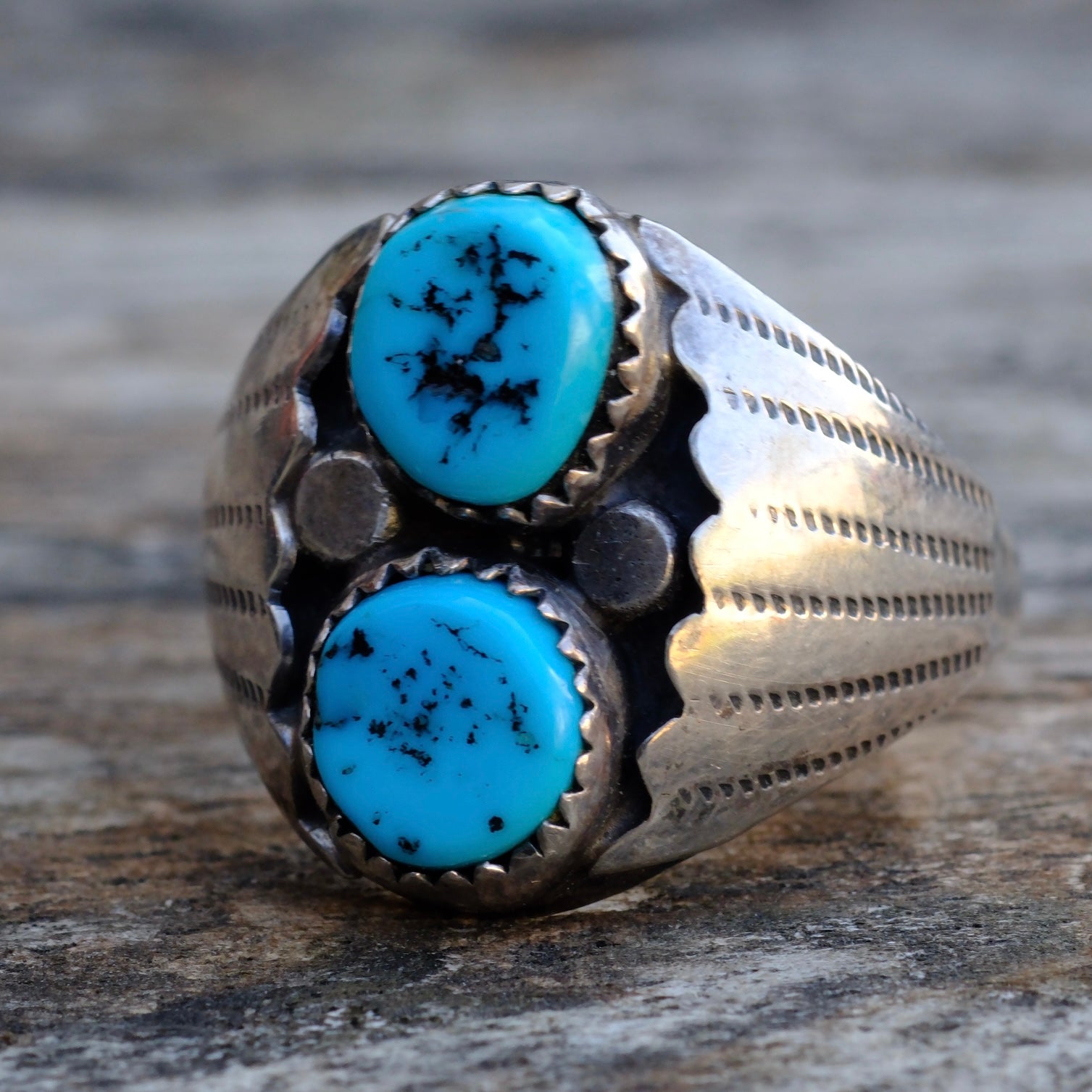 Vintage Sterling 2-Stone Turquoise Ring 10.75