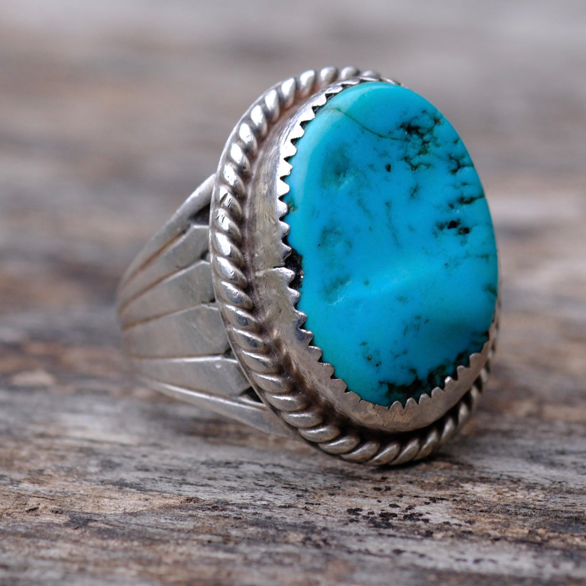 Vintage Sterling Turquoise Ribbed Band Ring 6.75