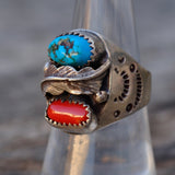 Vintage Sterling Turquoise and Coral Feather Ring 7