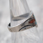 Vintage Sterling Crushed Turquoise and Coral Inlay Waterbird Ring 7.5