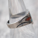 Vintage Sterling Crushed Turquoise and Coral Inlay Waterbird Ring 7.5