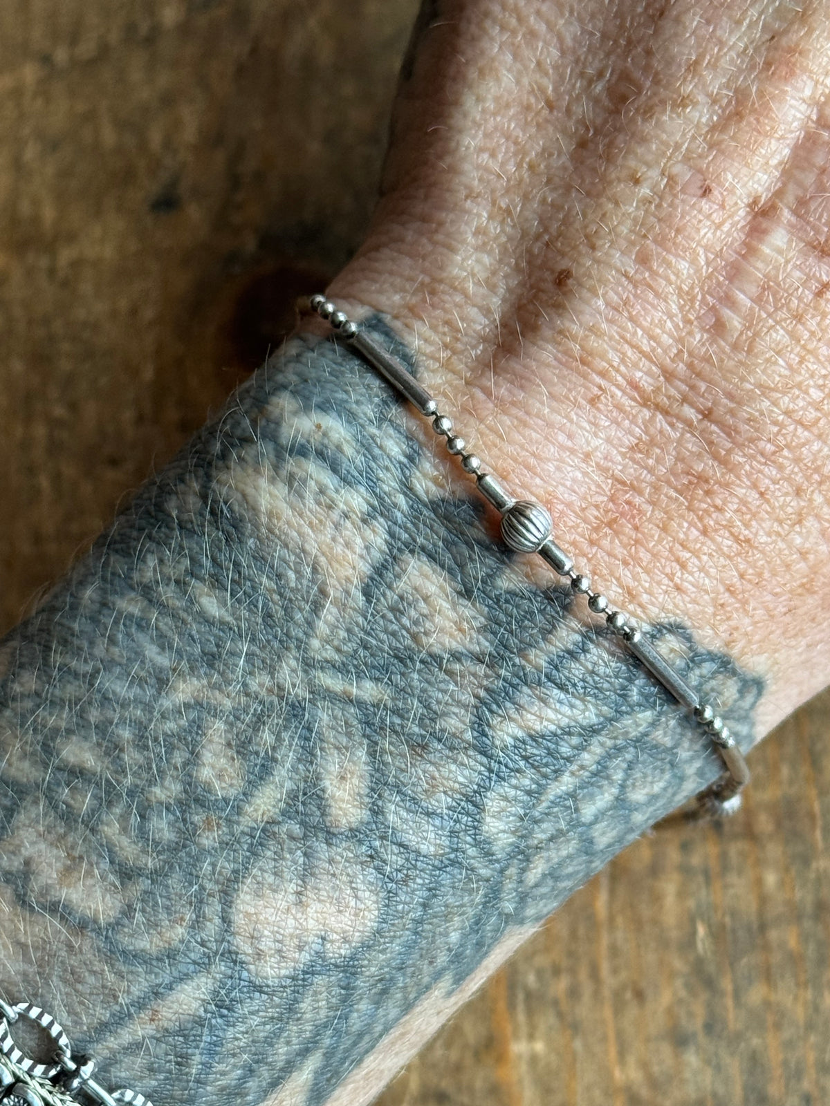 Vintage Sterling Silver Bar & Bead Chain Bracelet