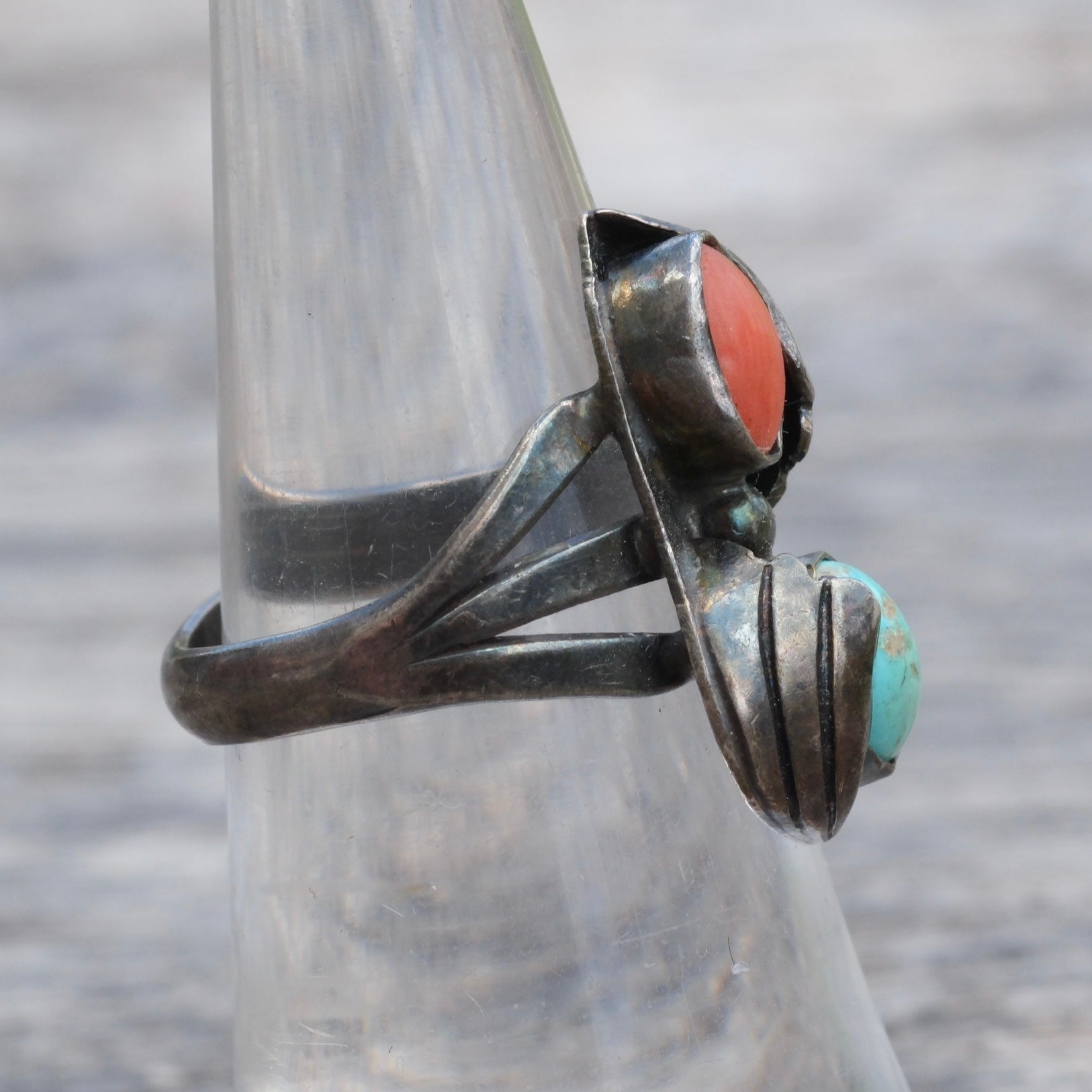 Vintage Sterling Turquoise and Coral Feather Ring 6