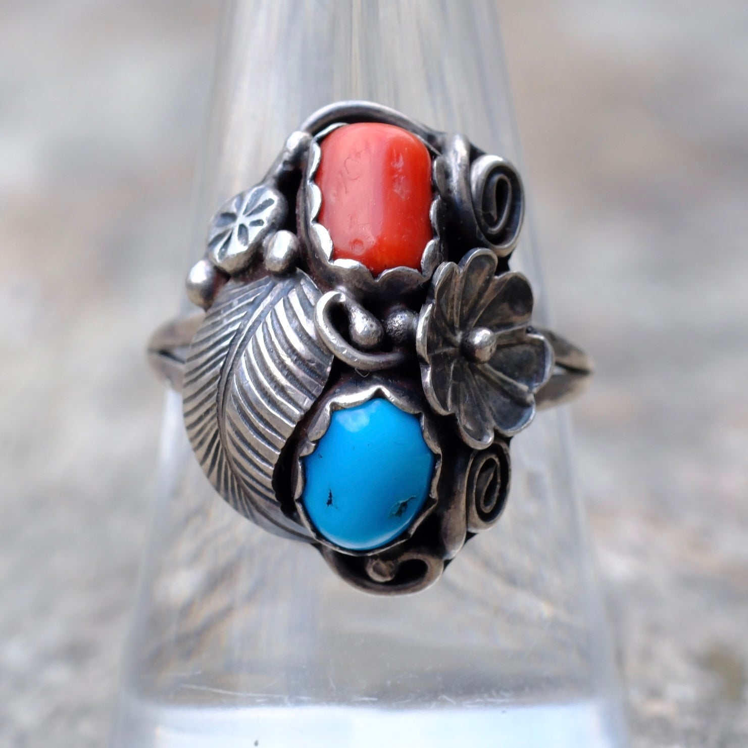 Vintage Sterling Silver Coral & Turquoise Flower Leaf Ring 8.5