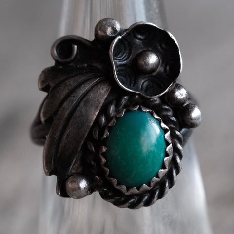 Vintage Sterling Malachite Feather Ring 6.5