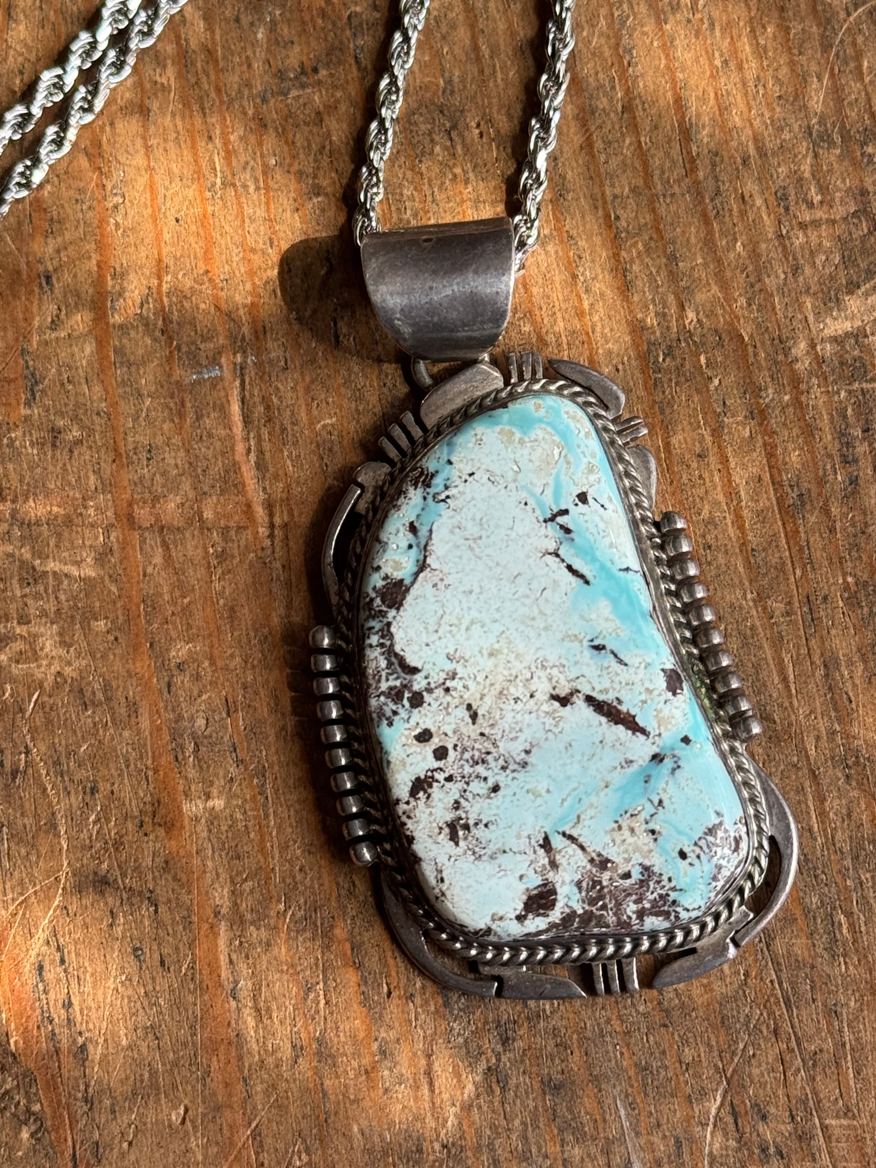 HUGE Vintage Sterling Silver Turquoise Sawcut 24" Necklace