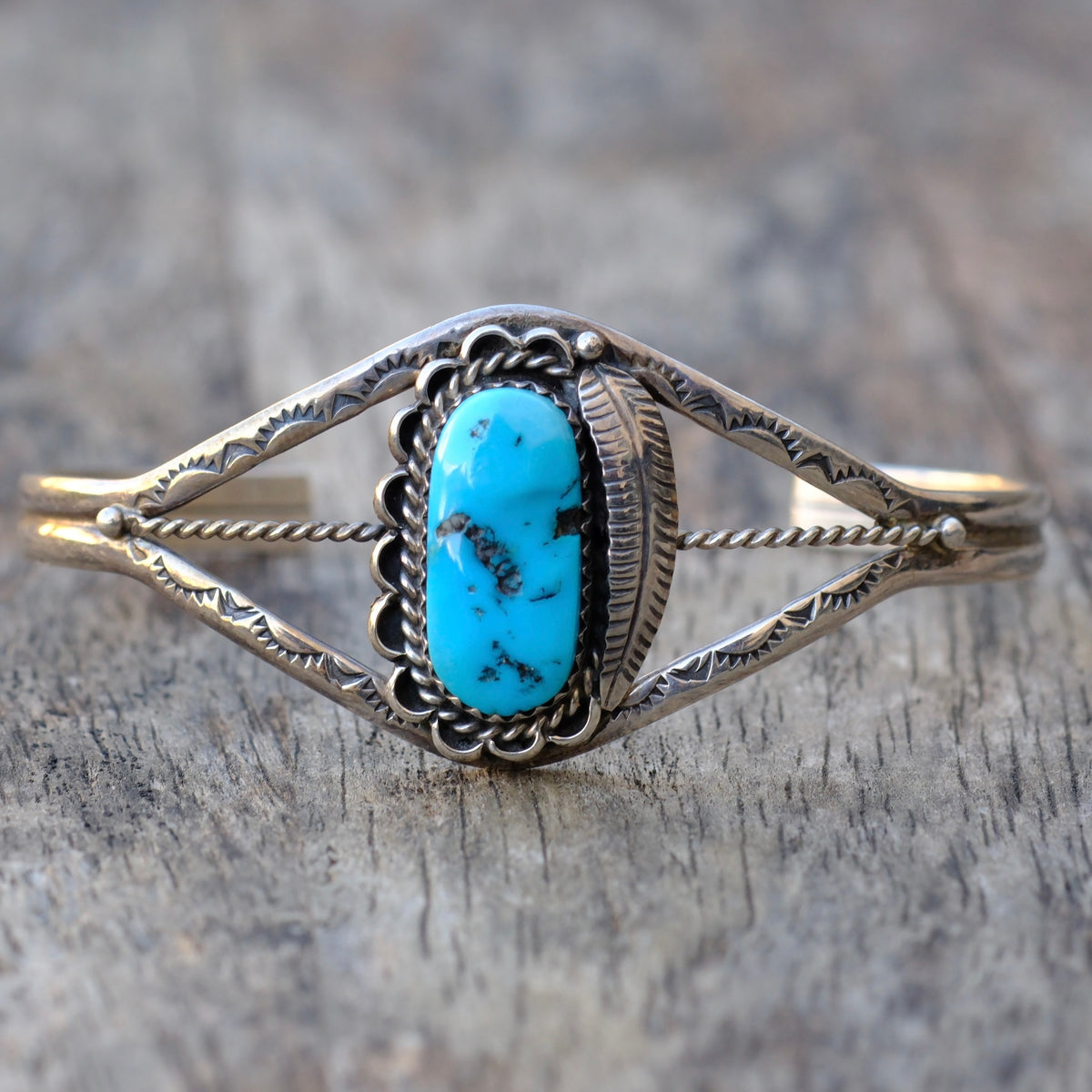 Vintage Sterling Turquoise Feather Cuff Bracelet