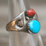 Vintage Sterling Turquoise and Coral Stamped Ring 5.5