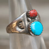 Vintage Sterling Turquoise and Coral Stamped Ring 5.5