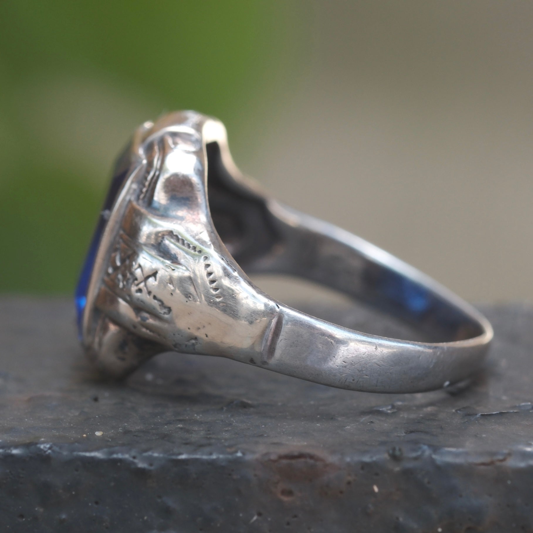Vintage Sterling Blue Glass Signet Ring 10.25
