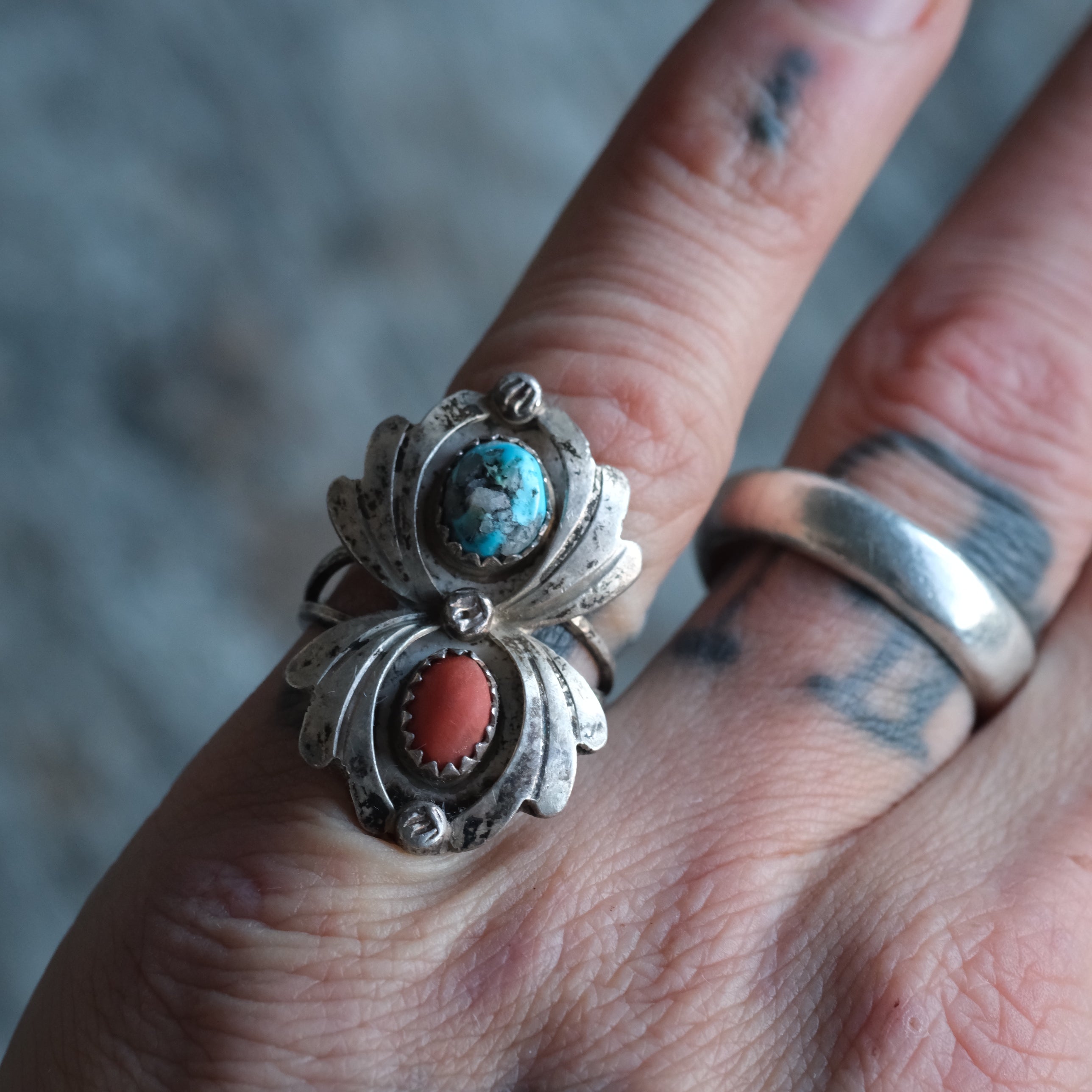 Vintage Sterling Turquoise and Coral Ring 6