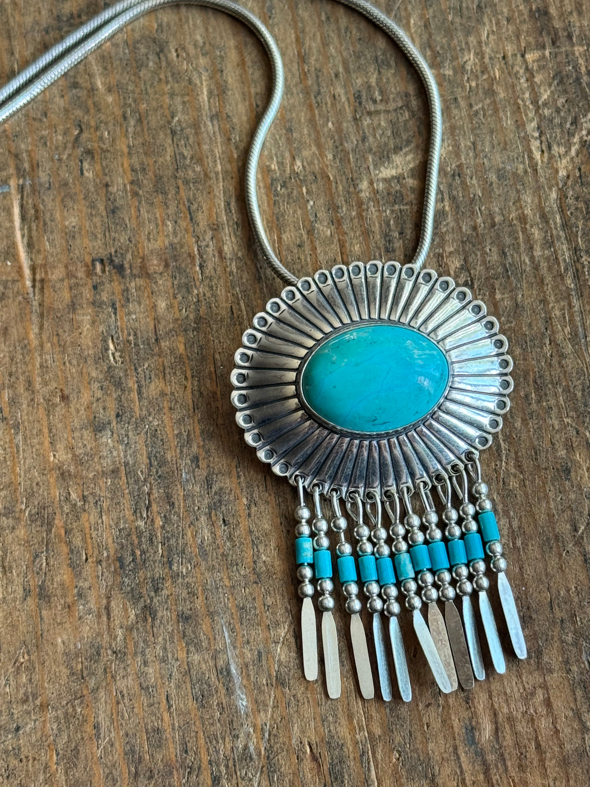 Vintage Sterling Silver Turquoise Fringe Concho Necklace