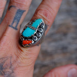 Vintage Sterling Turquoise and Coral Ring 10.25