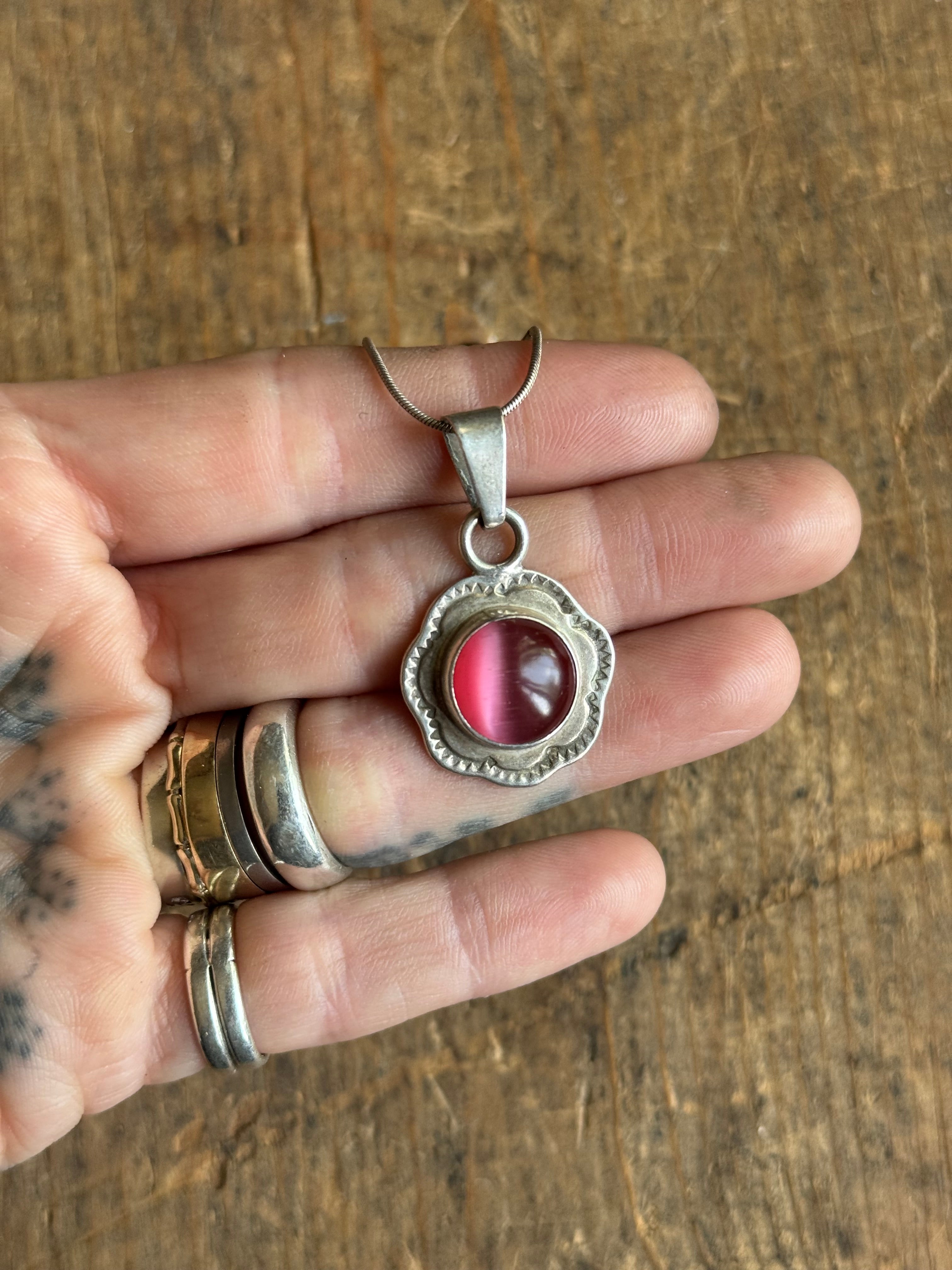 Vintage Sterling Silver Pink Selenite Flower Necklace