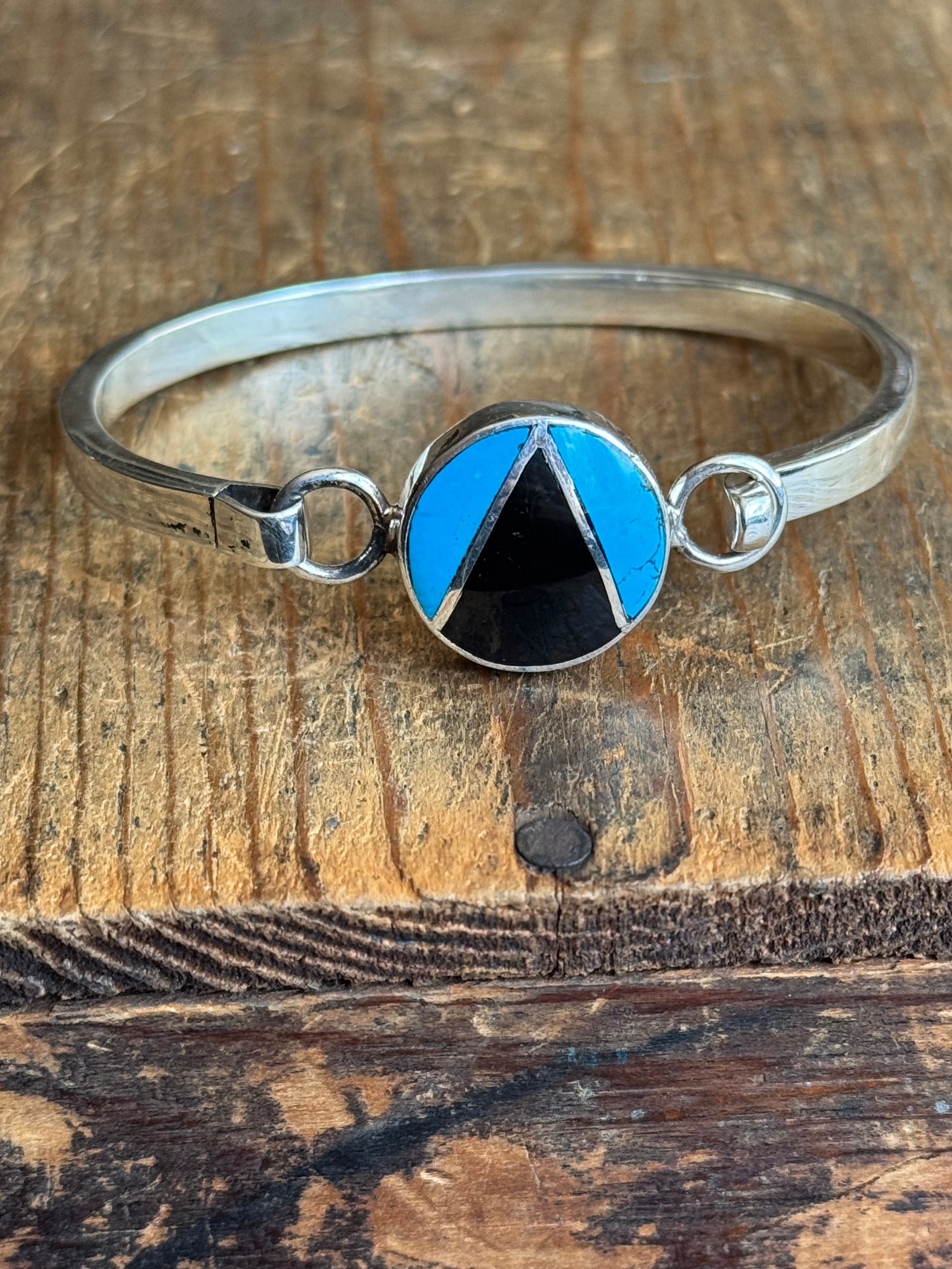 Vintage Sterling Silver Turquoise & Onyx Inlay Latch Bracelet
