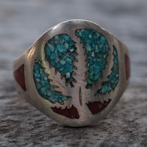 Vintage Sterling Crushed Turquoise and Coral Inlay Sweet Leaf Ring 8.5