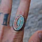 Vintage Sterling Crushed Turquoise and Coral Inlay Ring 9