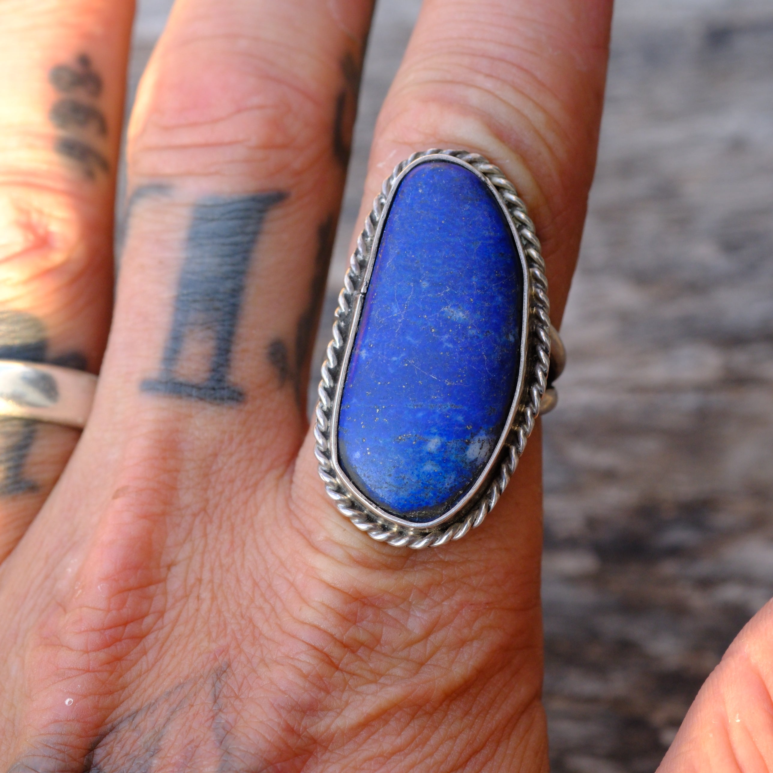 Huge Vintage Sterling Lapis Roper Ring 9.25