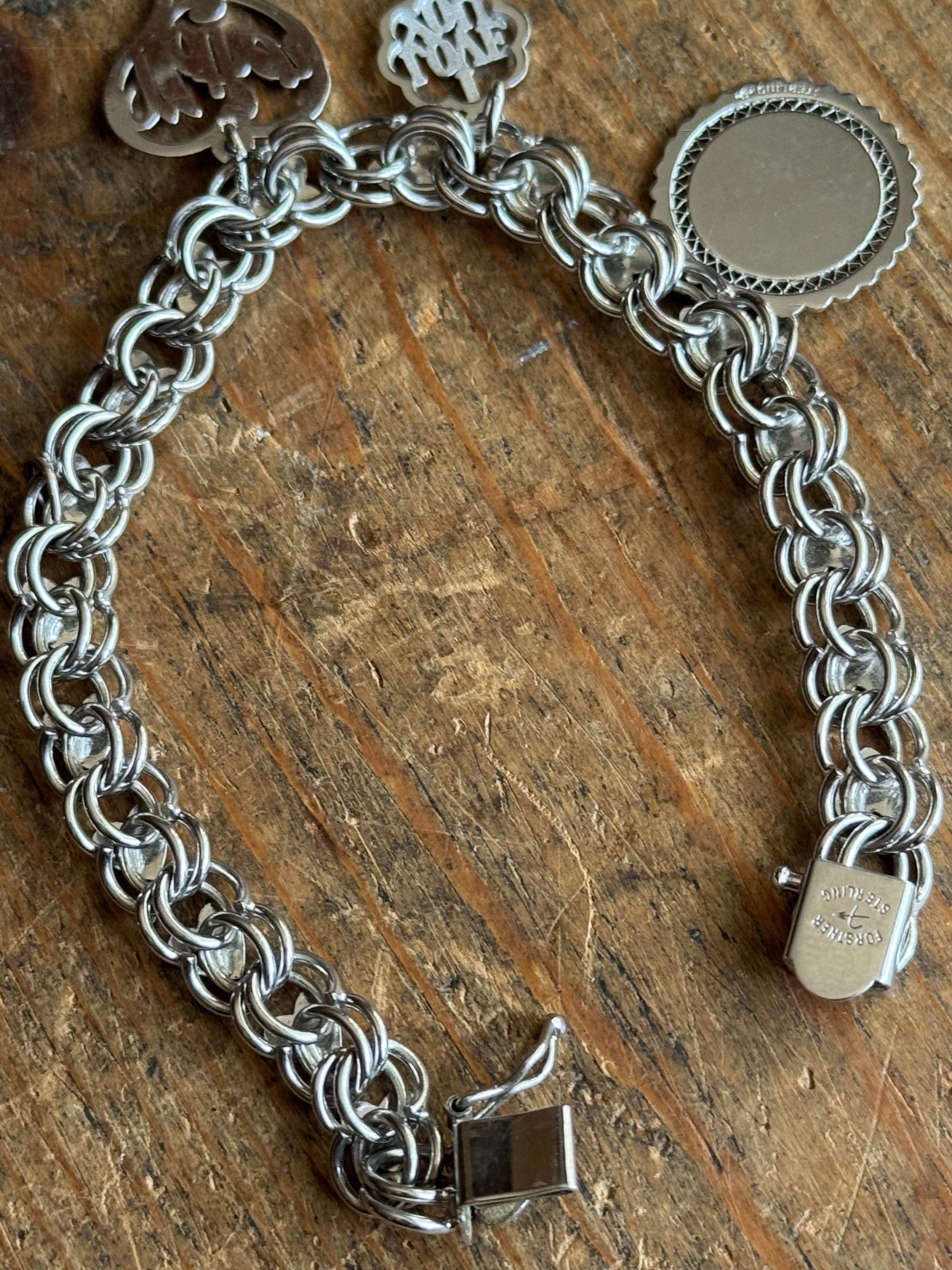 Vintage Sterling Silver 7.25” Double Heart Link Charm Bracelet