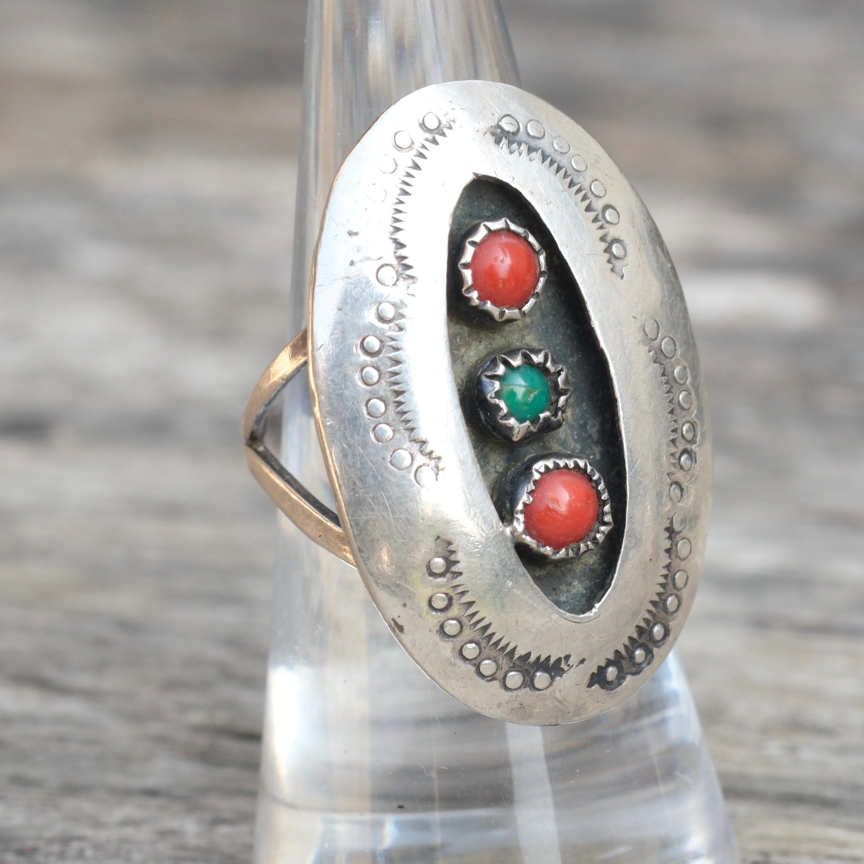 Vintage Sterling Coral and Turquoise Stamped Shadowbox Ring 6.5