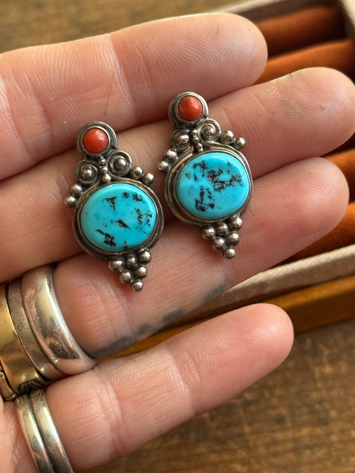 Vintage Sterling Silver Turquoise & Coral Earrings