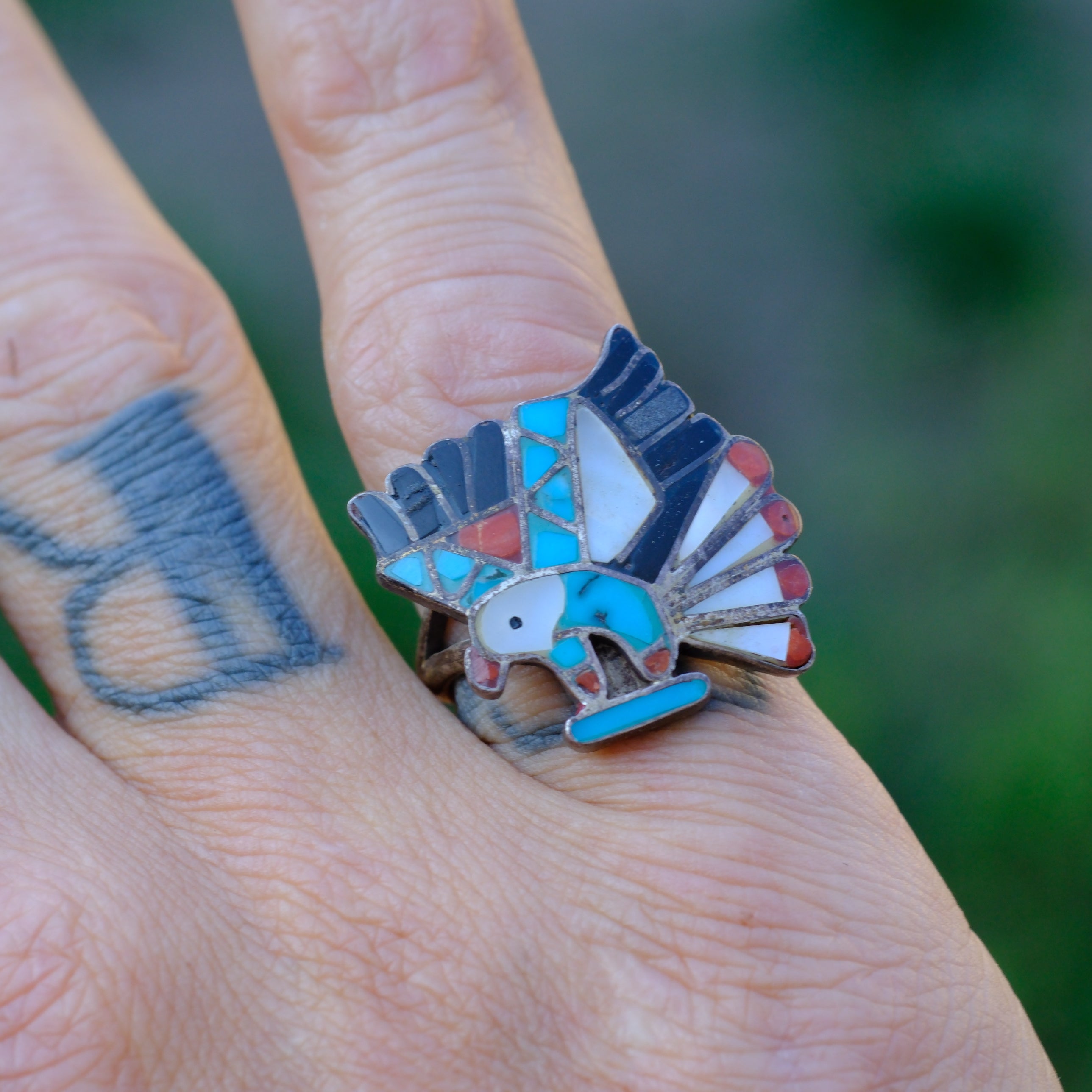Vintage Sterling Multistone Inlay Eagle Ring 6.75