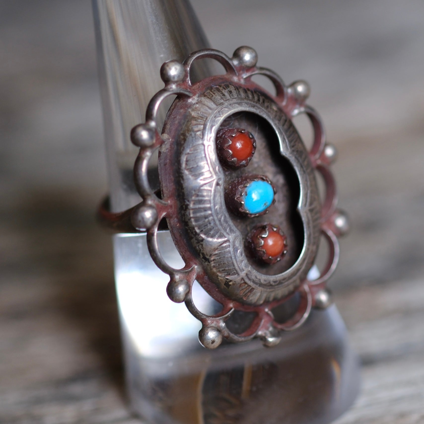 Vintage Sterling Turquoise and Coral Shadowbox Ring 7.25