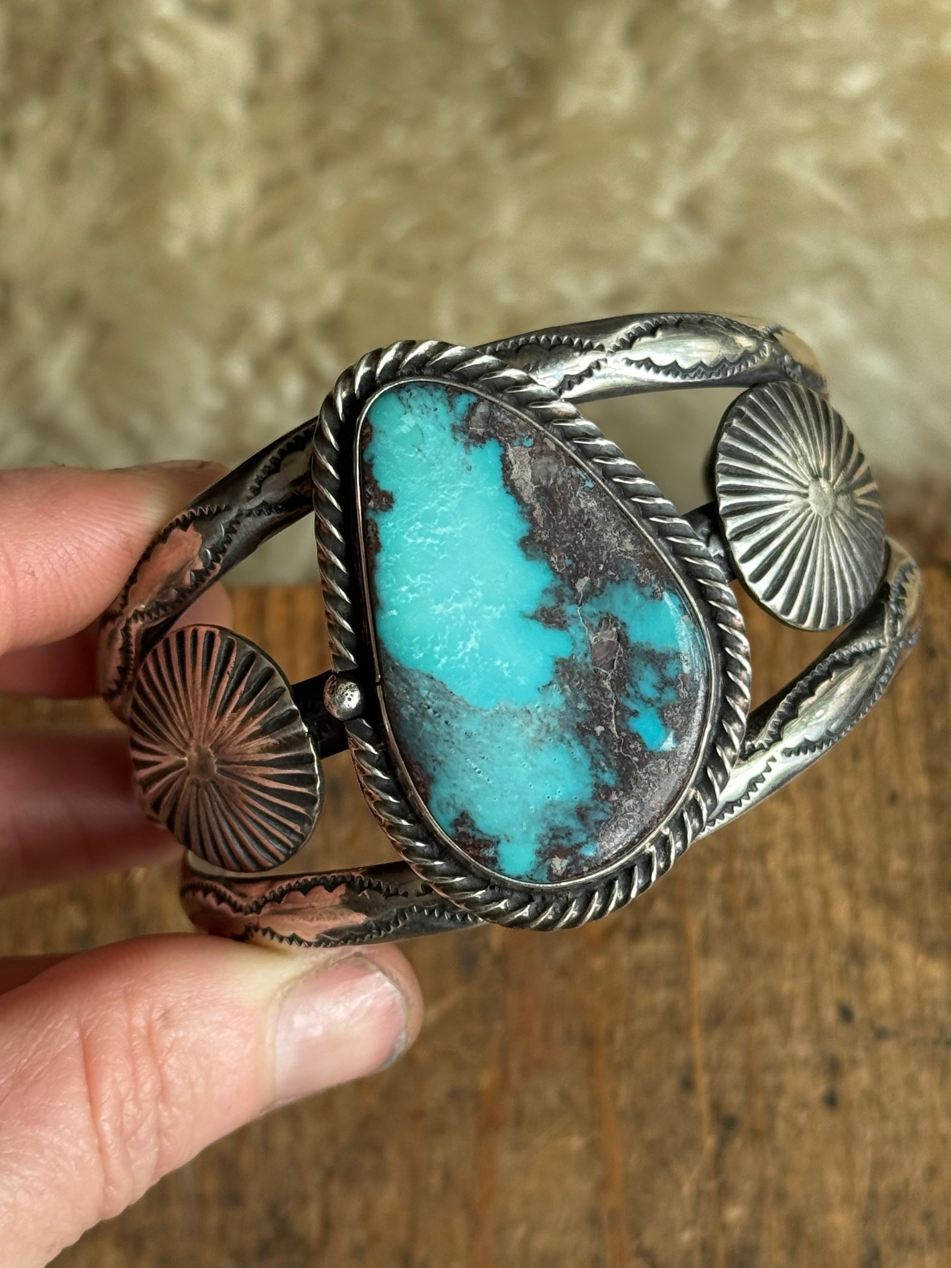 Vintage Sterling Silver Stamped Turquoise Sun Coin Cuff