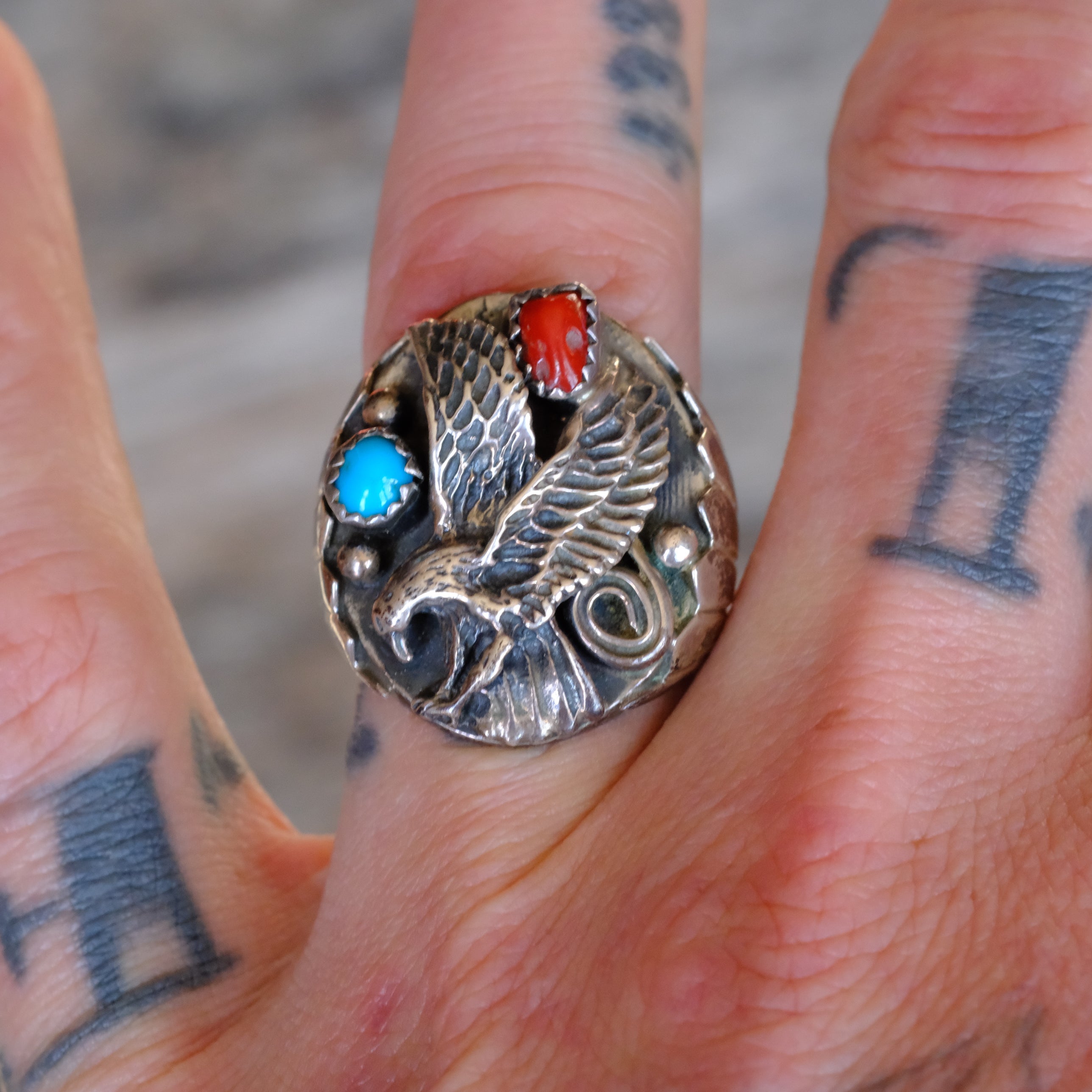 Vintage Sterling Turquoise and Coral Eagle Ring 9