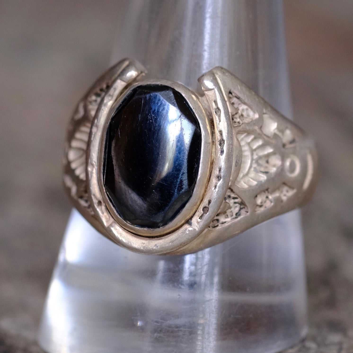 Vintage Sterling Hematite Lucky Horseshoe Ring 11.25