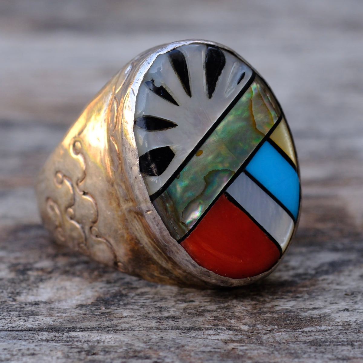 Vintage Sterling Multi Stone Inlay Stamped Band Ring 8.75