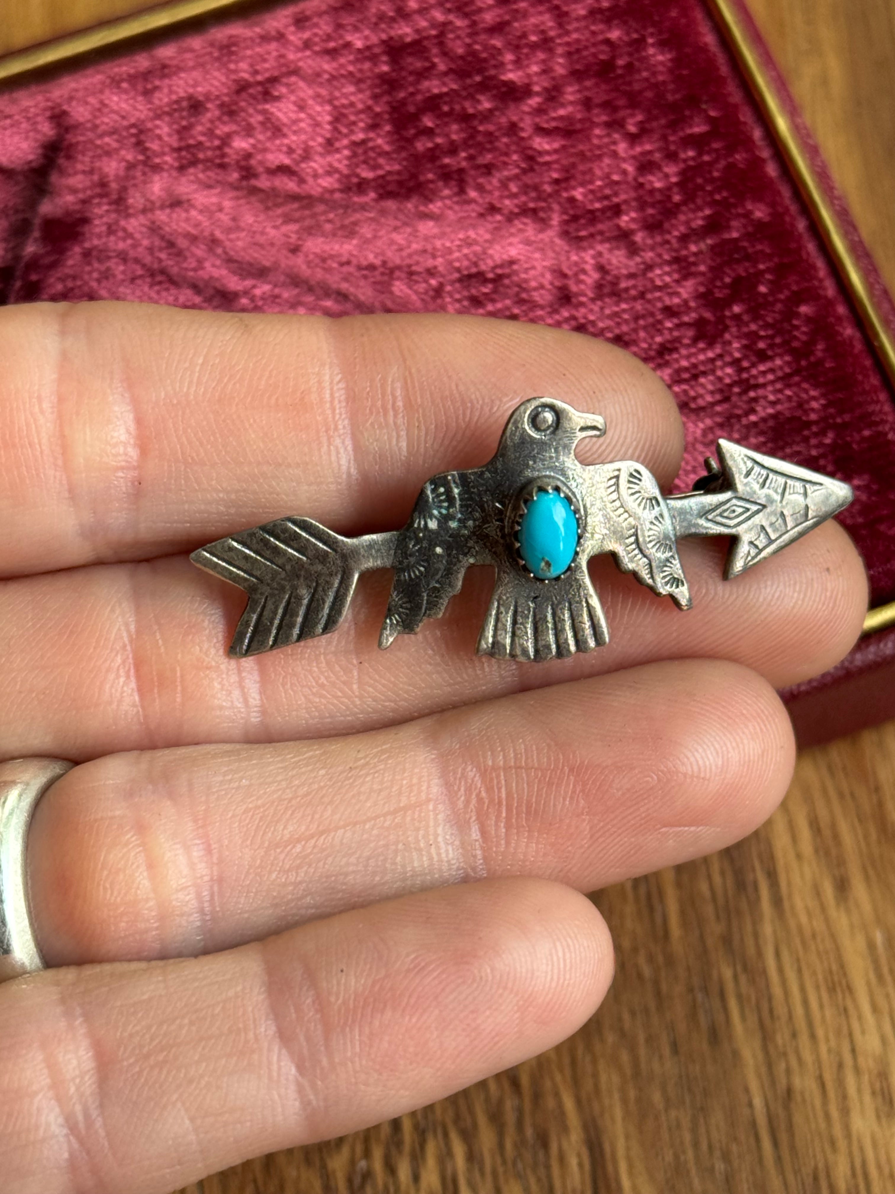 Vintage Sterling Silver Turquoise Thunderbird Arrow Pin