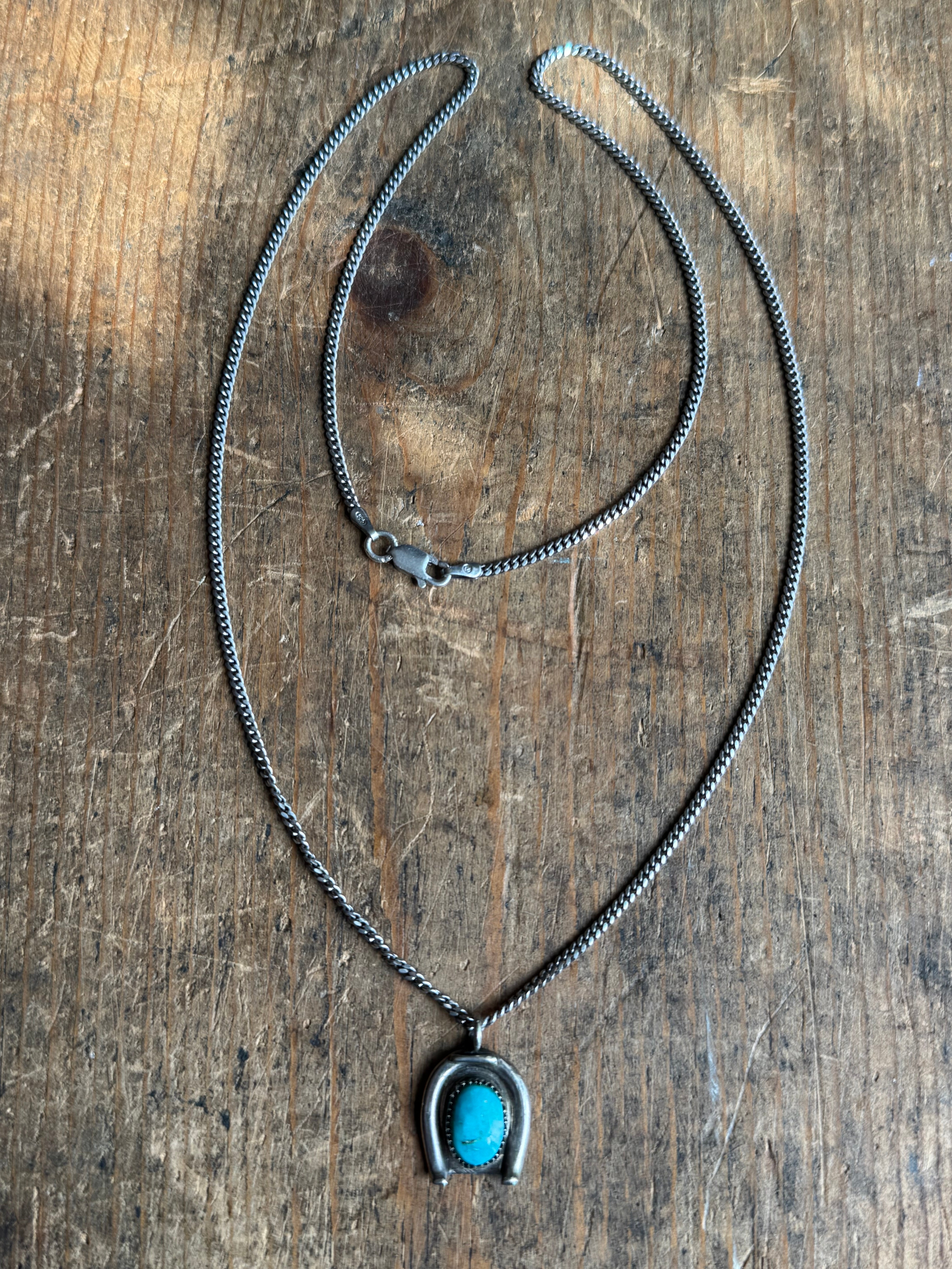 Vintage Sterling Silver Turquoise Horseshoe 22" Necklace