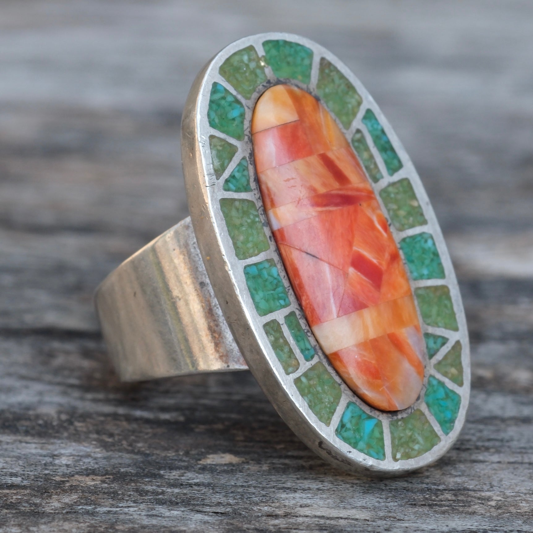Vintage Sterling Multistone Inlay Ring 7