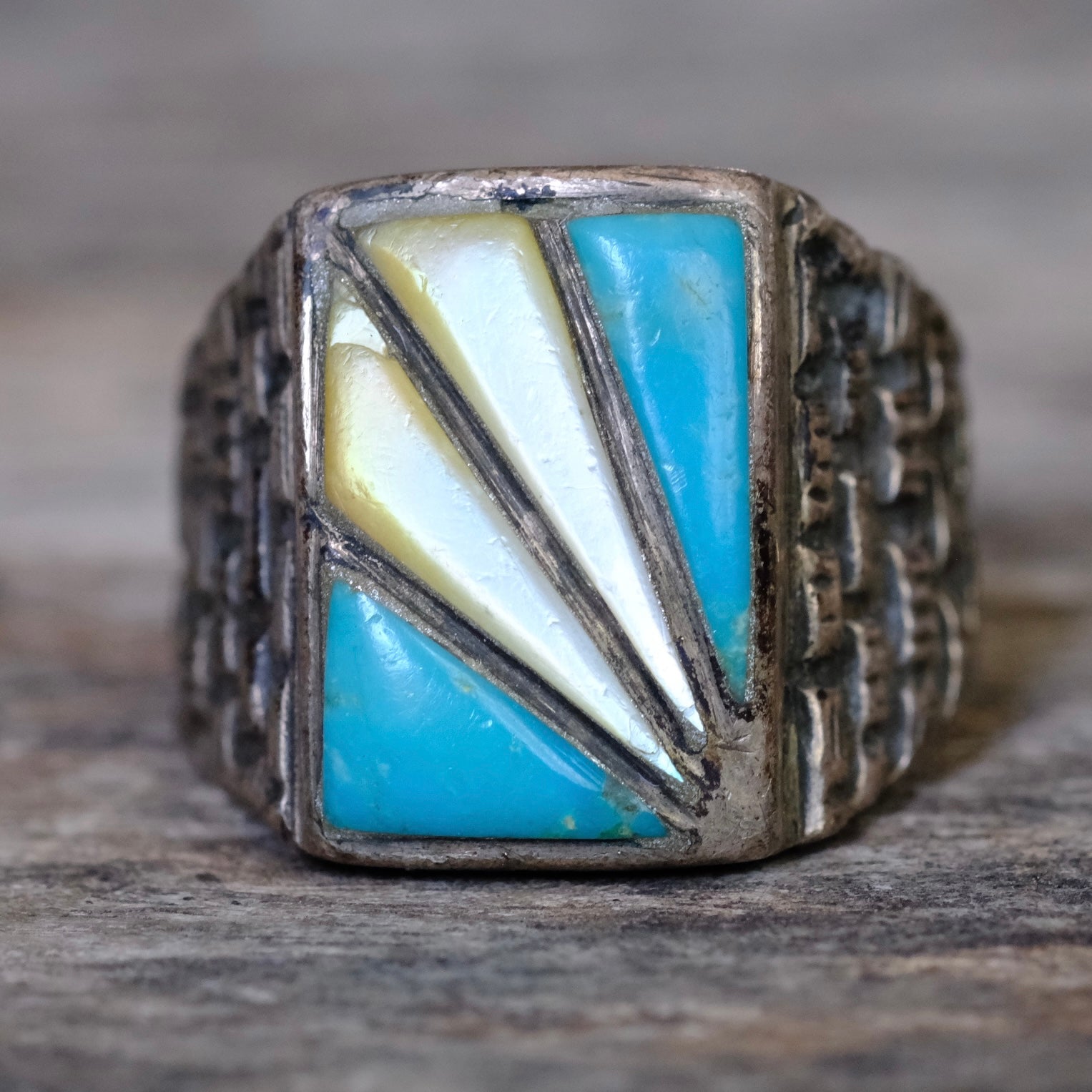 Vintage Sterling Turquoise and MOP Inlay Sunrise Ring 9