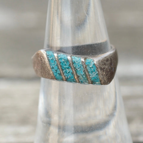 Vintage Sterling Crushed Turquoise Inlay Striper Ring 6