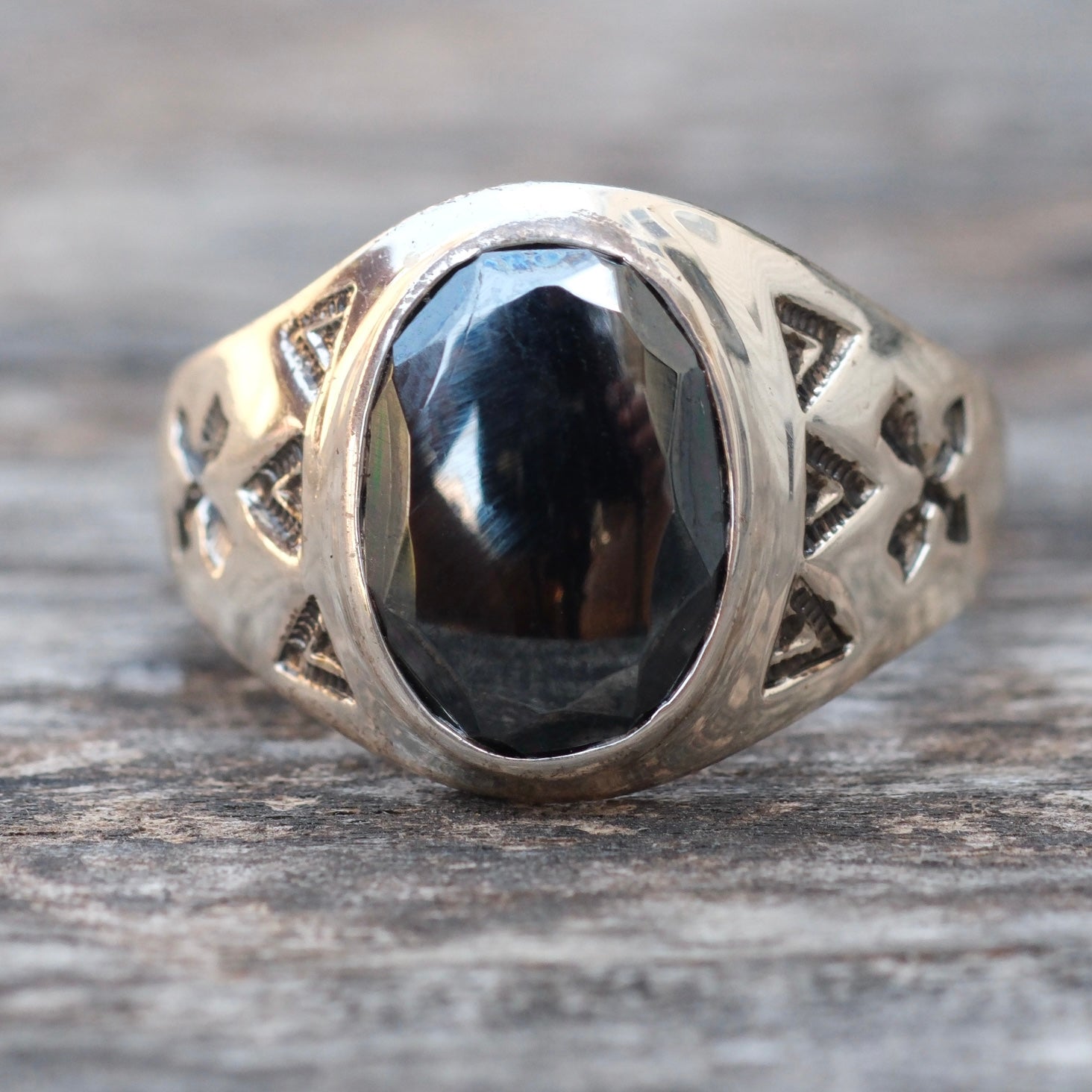 Vintage Sterling Hematite Crossed Arrows Ring 11.5