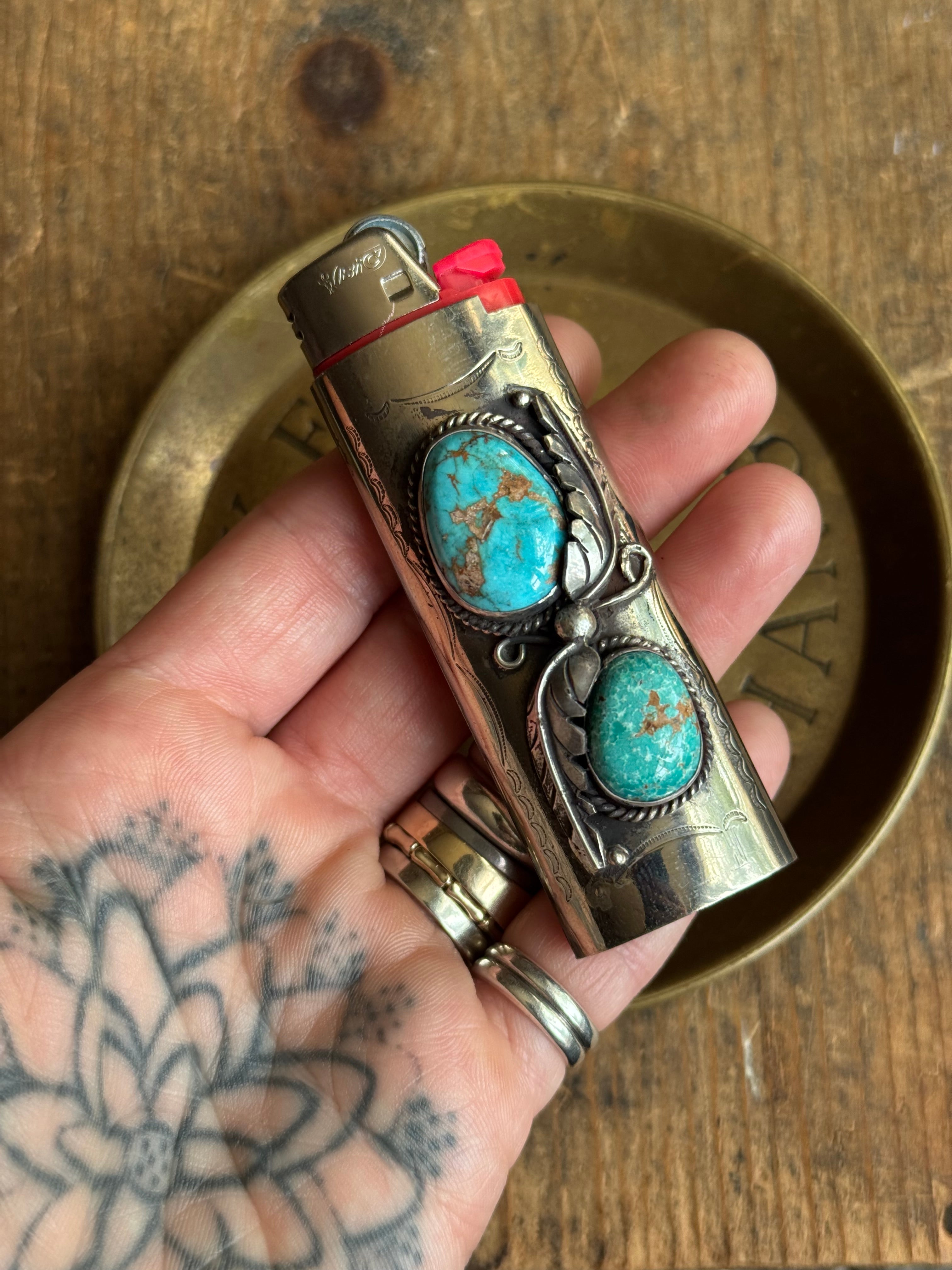 Vintage Stamped Nickel & Sterling Silver Turquoise Lighter Case