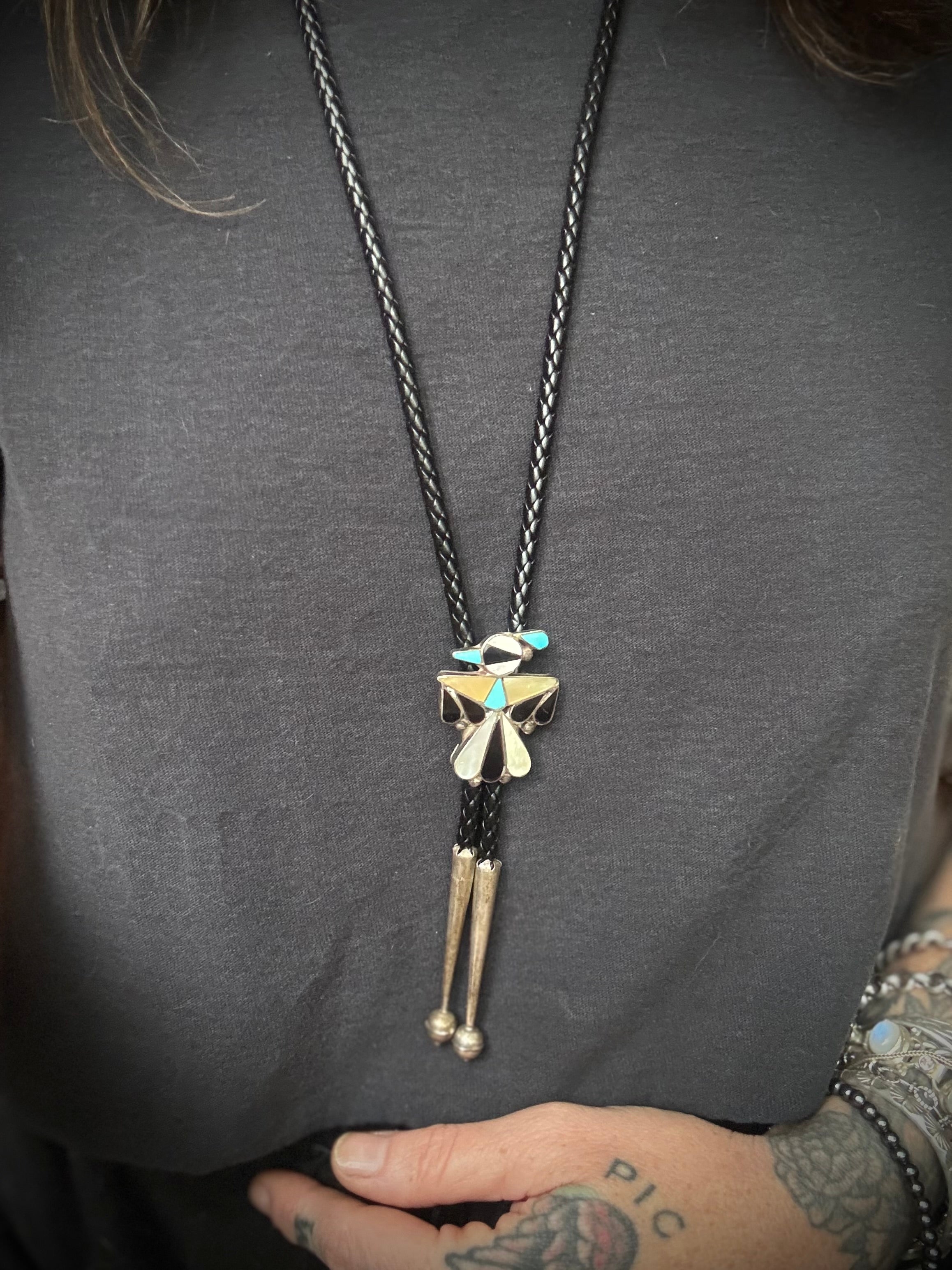 Vintage Sterling Silver Multistione Inlay Thunderbird Bolo