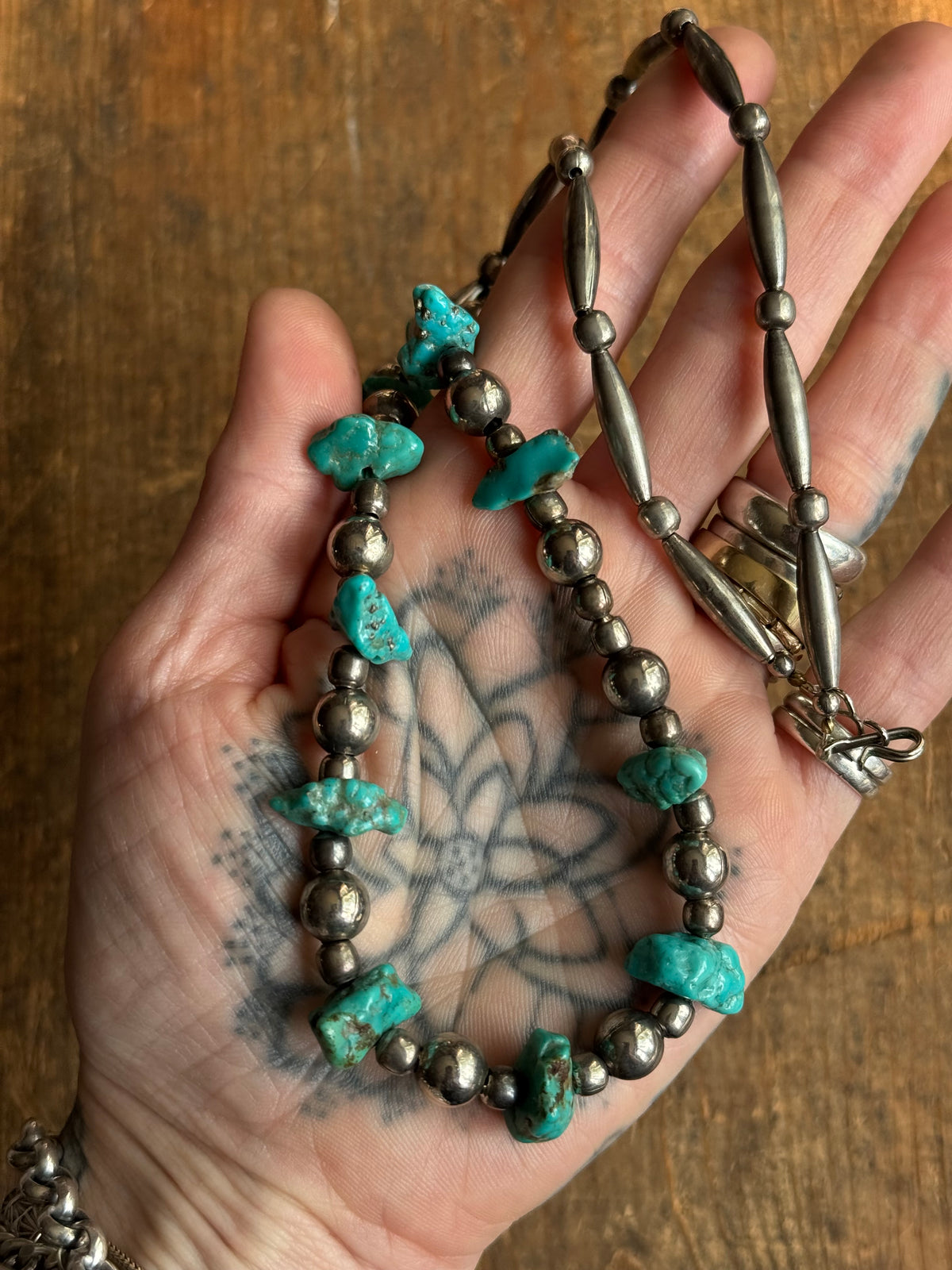 Vintage Raw Turquoise & Sterling Silver Pawn Bead Necklace