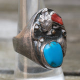 Vintage Sterling Turquoise and Coral Feather Ring 8.75
